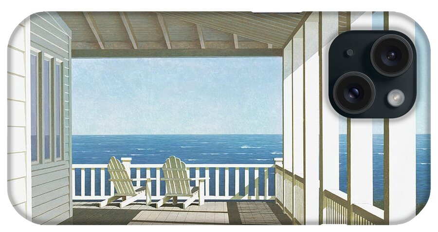 Two Porch Chairs Looking Out Over The Ocean Beach. iPhone Case featuring the painting Two Chairs, Southampton by Zhen-huan Lu
