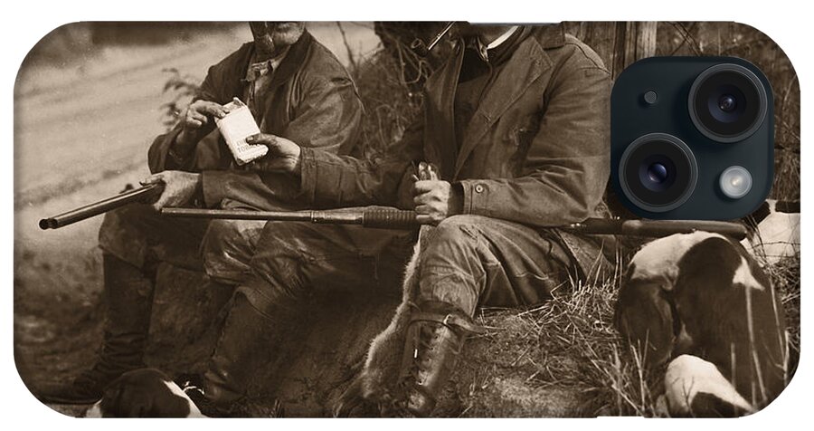 Pets iPhone Case featuring the photograph Two Hunters With Dogs Sharing Cigars by Fpg