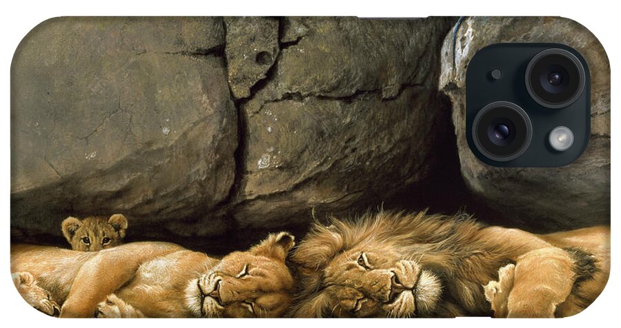2 Lions Sleeping On Rocks iPhone Case featuring the painting Two Lions Head To Head by Harro Maass