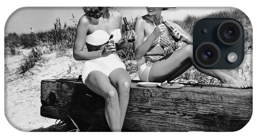 People iPhone Case featuring the photograph Two Women Drinking Soda On Beach by George Marks