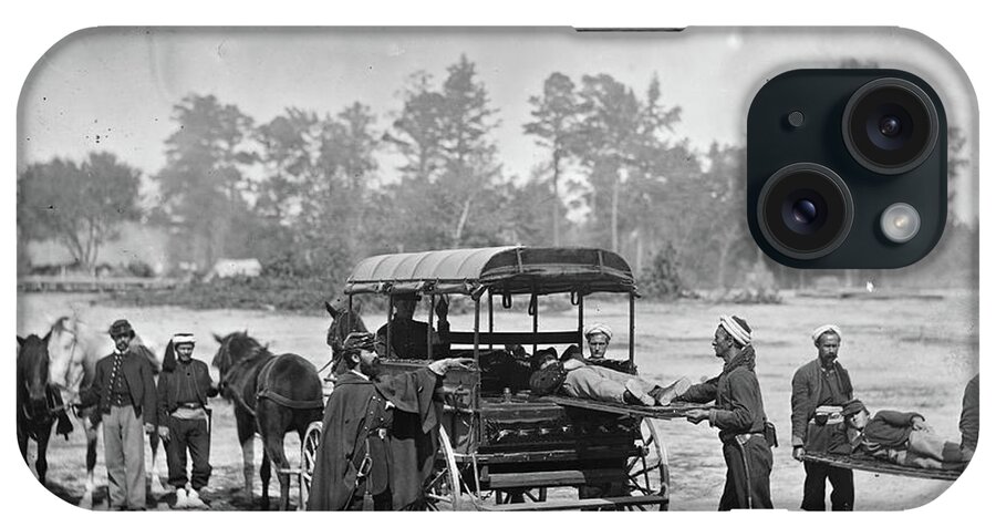 Zouaves iPhone Case featuring the painting Union Zouaves Bear Stretchers and load men onto a Horse Drawn Ambulance by 