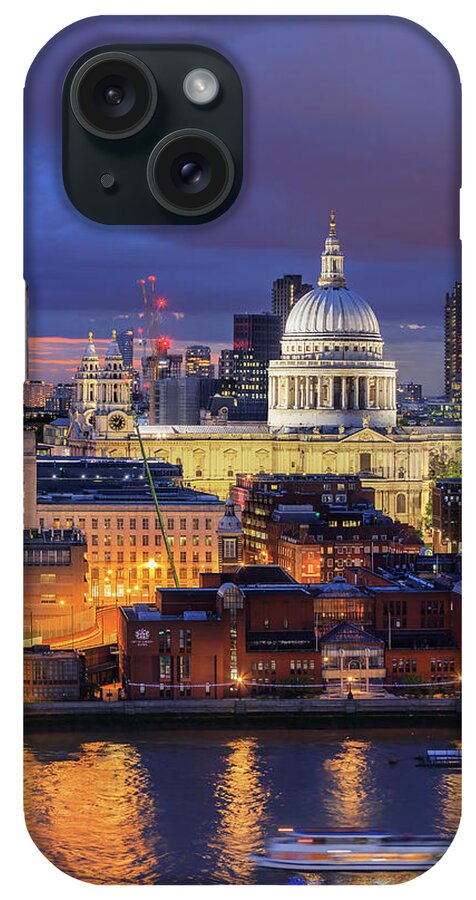 Estock iPhone Case featuring the digital art United Kingdom, England, London, Great Britain, Thames, City Of London, St. Paul's Cathedral Aerial View By Night by Maurizio Rellini