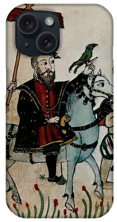 Vasco De Gama iPhone Case featuring the drawing Vasco de Gama riding representing the Portuguese coming to India. Rome, Biblioteca Casanatense. by Album