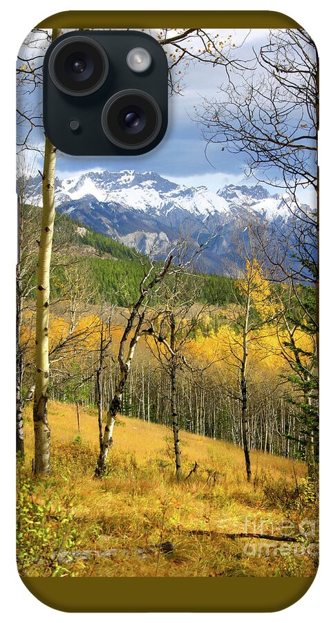 Mountain iPhone Case featuring the photograph vertical yellow fall autumn leaves Quaking Aspen trees forest grove snowy mountain peaks landscape by Robert C Paulson Jr