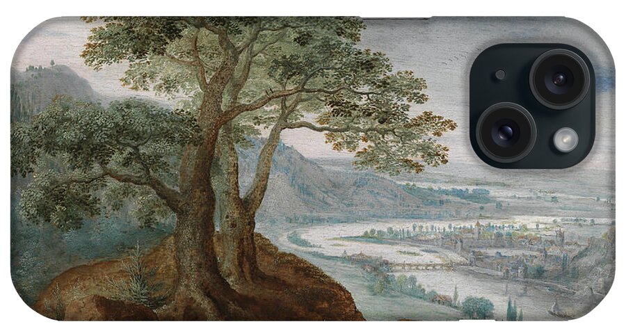 16th Century Art iPhone Case featuring the painting View from Postlinberg to the City of Linz with a Farmer's Wife by Frederik van Valckenborch