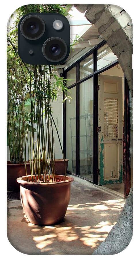 Ip_11075894 iPhone Case featuring the photograph View Though Partially Visible Circular Opening Into Courtyard With Potted Bamboo In Front Of Terrace Windows by Steven Morris