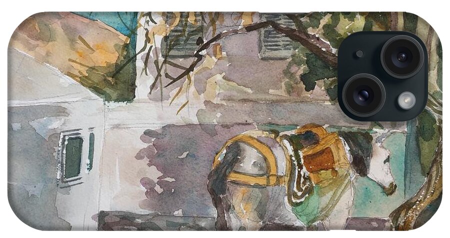 Watercolor Plein Air Greece Landscape Horses iPhone Case featuring the painting Waiting Near Tetses Studio by Diane Renchler