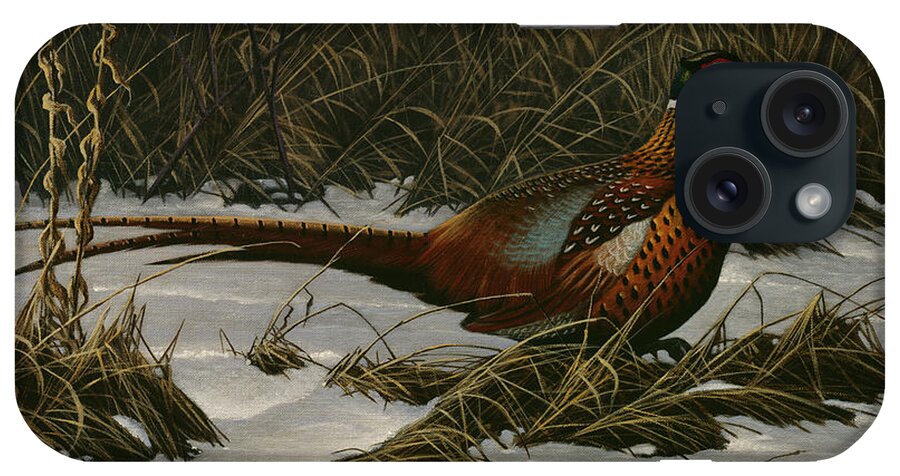 A Ring-necked Pheasant Walks On The Winter Ground iPhone Case featuring the painting Walking Through Winter by Wilhelm Goebel