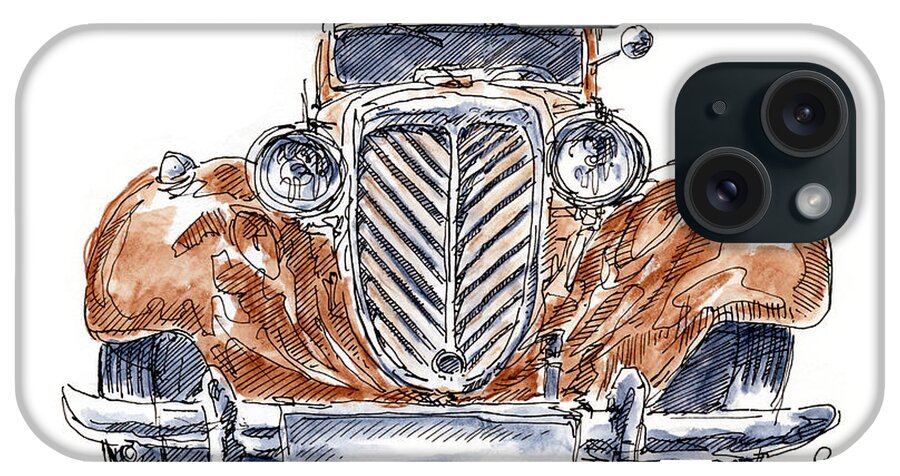 Classic iPhone Case featuring the drawing Wanderer W21 Classic Car Ink Drawing and Watercolor by Frank Ramspott