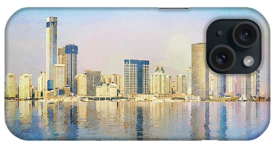 Painting iPhone Case featuring the digital art Water color of skyline of the city of Xiamen with reflections by Steven Heap