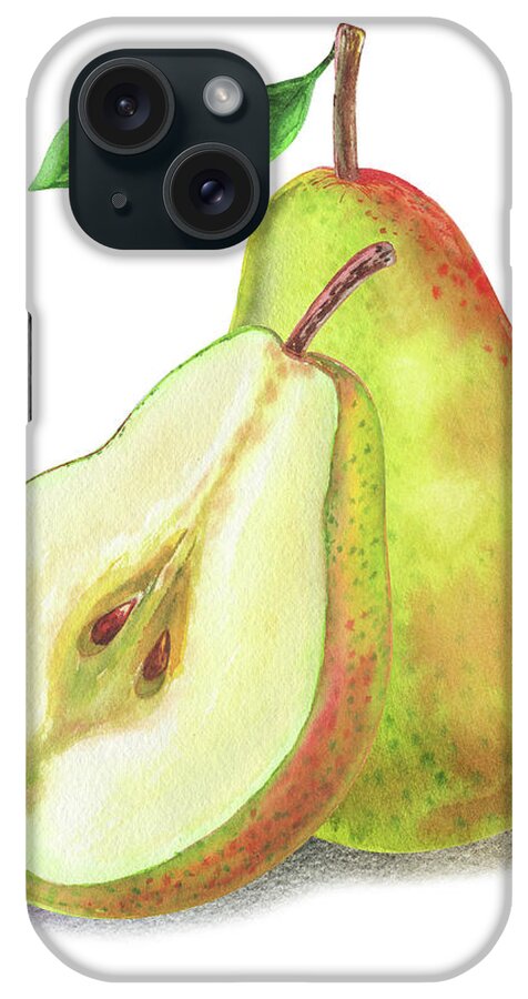 Whole iPhone Case featuring the painting Watercolor Illustration Of Whole And Cut Pear by Irina Sztukowski