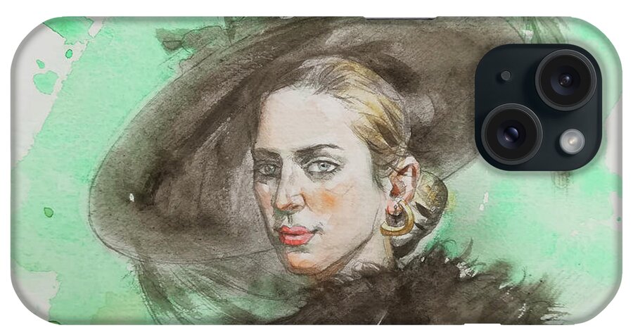  iPhone Case featuring the painting Watercolor-portrait Of Lady by Hongtao Huang