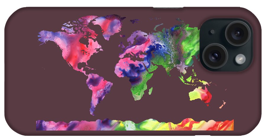 Purple iPhone Case featuring the painting Watercolor Silhouette World Map Colorful PNG XI by Irina Sztukowski