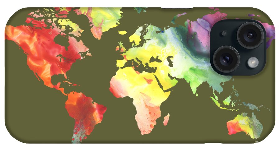 World iPhone Case featuring the painting Watercolor Silhouette World Map Colorful PNG XII by Irina Sztukowski