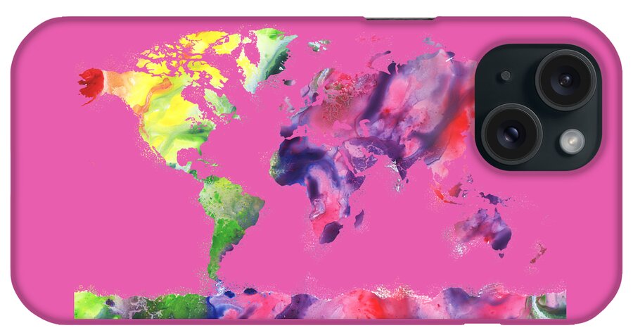 World iPhone Case featuring the painting Watercolor Silhouette World Map Colorful PNG XIV by Irina Sztukowski