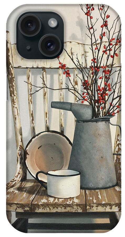 Shabby-chic Chair With Metal Pitcher Holding Branches And Metal Bowl And Cup iPhone Case featuring the painting Watering Can On Chair by Cecile Baird