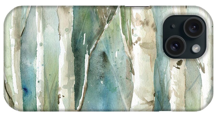 Contemporary Watercolor Birch Trees Washy Teals Greens Tan iPhone Case featuring the painting Watery Birch 1 by Carol Robinson