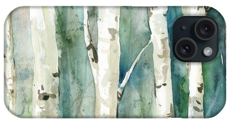 Contemporary Watercolor Birch Trees Washy Teals Greens Tan iPhone Case featuring the painting Watery Birch 2 by Carol Robinson