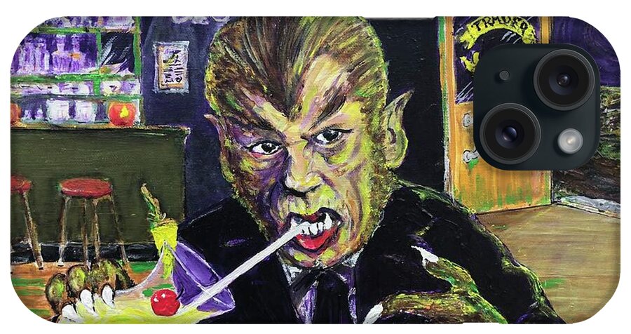 Werewolf Werewolves Of London Universal Monsters Pina Colada Warren Zevon Halloween Henry Hull Hollywood Mai-tai 1935 1978 1995 2014 Tonga Hut Beast In Show Witch's Dungeon Universal Ioka Bristol Connecticut Kent iPhone Case featuring the painting Werewolf Drinking A Pina Colada At Trader Vic's by Jonathan Morrill