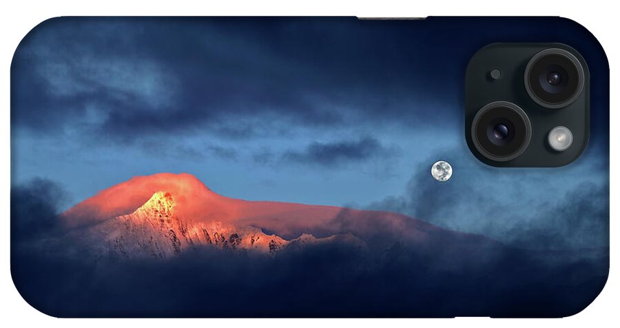 Scenics iPhone Case featuring the photograph When The Sun Kisses And Moon Enlightens by Sunrise In Mountain Niubei, A Pool Of Clouds