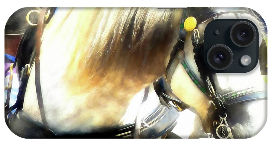 Carriage Horse iPhone Case featuring the digital art White Carriage Horse in Montreal by Amy Dundon