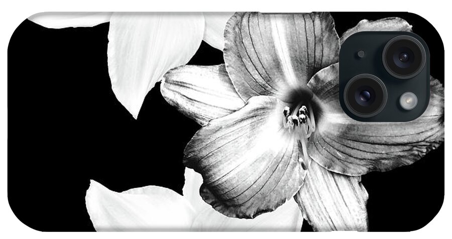 Black-and-white iPhone Case featuring the mixed media White Lilies on Black #1 #floral #decor #art by Anitas and Bellas Art