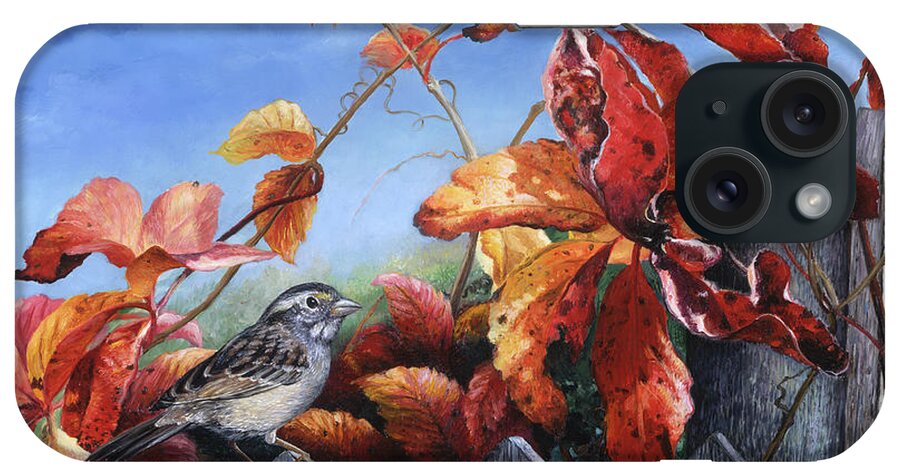 White Throated Sparrow Sitting On Garden Fence iPhone Case featuring the painting White Throated Sparrow by Kevin Dodds