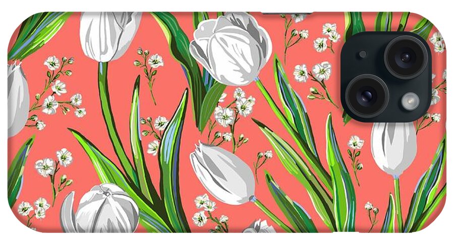 White Tulips iPhone Case featuring the drawing White Tulips on Living Coral by L Diane Johnson