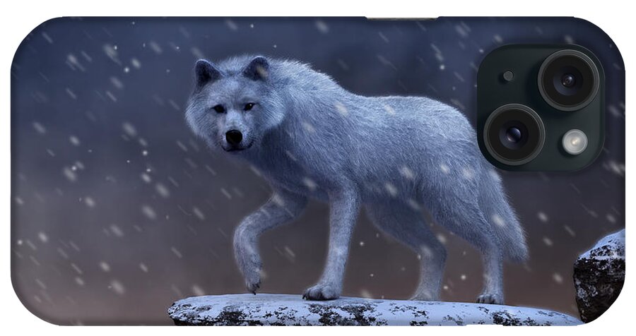 White Wolf iPhone Case featuring the digital art White Wolf in a Blizzard by Daniel Eskridge