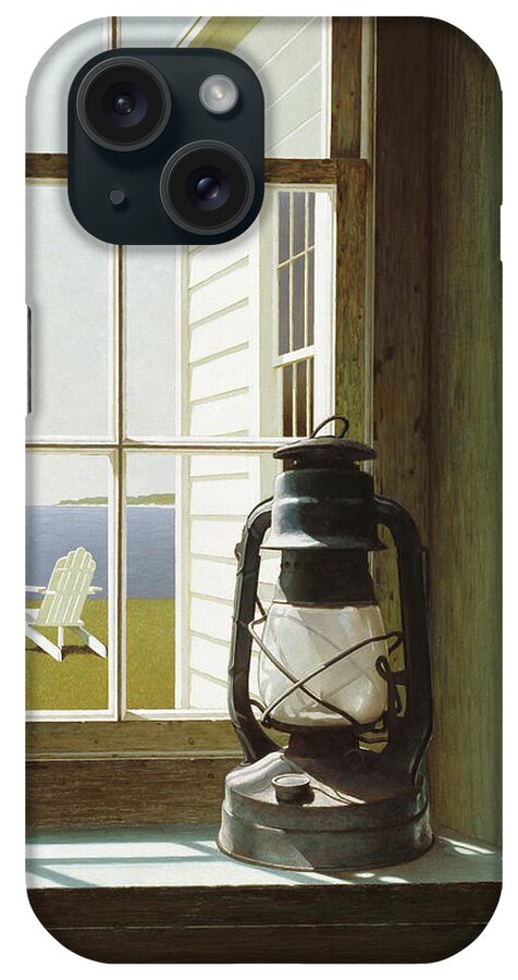 Lantern Sitting On The Sill Of A Dark Window Looking Out Onto Two Chairs Sitting Side By Side On The Green Lawn iPhone Case featuring the painting Window's Edge by Zhen-huan Lu