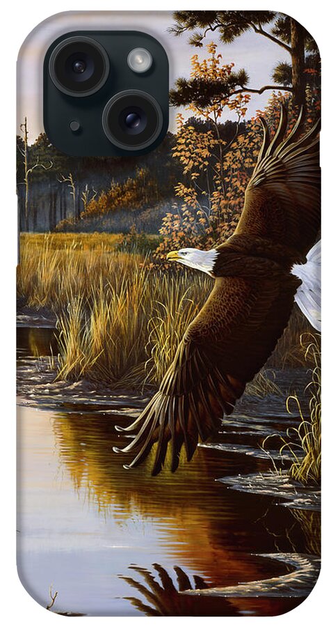 Bald Eagle Flying Over A Swamp At Sunrise iPhone Case featuring the painting Wings Of Autumn - Bald Eagle by Wilhelm Goebel