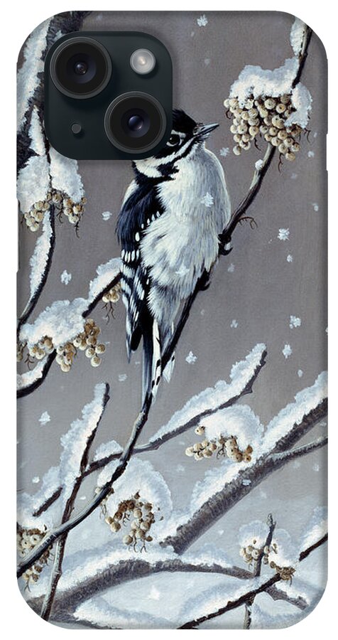 Downy Woodpecker Eating Berries Off A Snowy Branch iPhone Case featuring the painting Winter Berries by Wilhelm Goebel