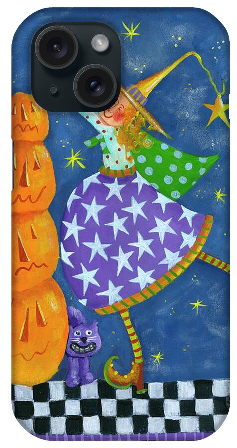 Witch With Purple Skirt Stacking Pumpkins iPhone Case featuring the painting Witch With Purple Skirt Stacking Pumpkins by Pat Olson Fine Art And Whimsy