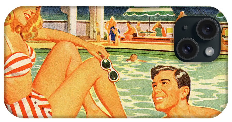 Bathing Suit iPhone Case featuring the drawing Woman and Man Flirting at the Pool by CSA Images