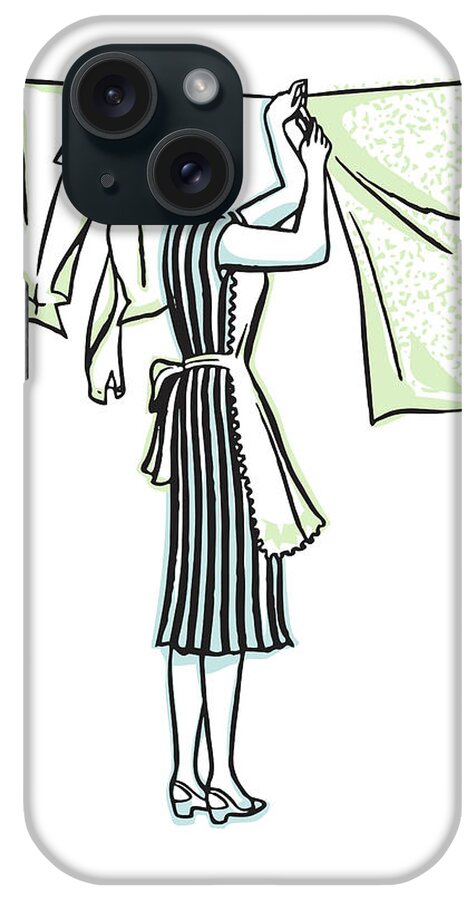 Adult iPhone Case featuring the drawing Woman Hanging Laundry on Clothesline by CSA Images