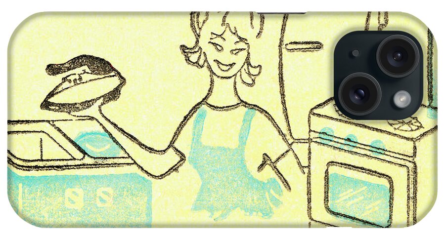 Adult iPhone Case featuring the drawing Woman in kitchen by CSA Images