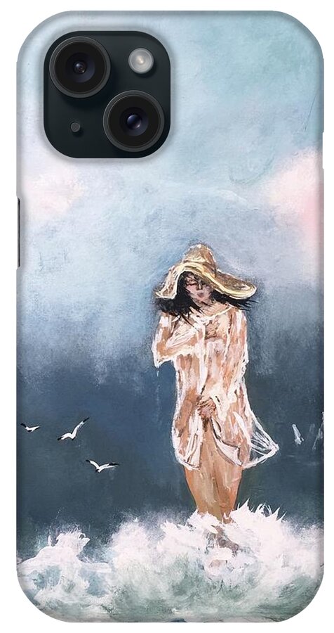 Miroslaw Chelchowski Woman On The Beach Wave Walking Shore Hat Naked Nude Dark Sailing Wind Blue Acrylic On Canvas Water Ocean Seascape Print Clouds Seagull Birds iPhone Case featuring the painting Woman On The Beach by Miroslaw Chelchowski