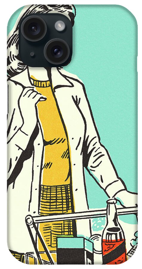 Adult iPhone Case featuring the drawing Woman Pushing a Shopping Cart by CSA Images