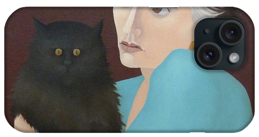 1980s iPhone Case featuring the painting Woman With A Cat, 1982 by Ann Brain