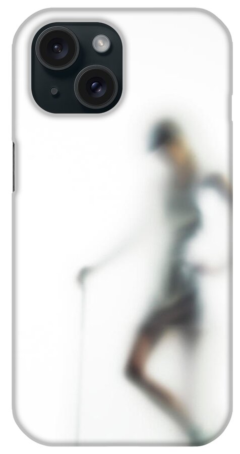 White Background iPhone Case featuring the photograph Woman With Golf Club Defocussed by Symphonie