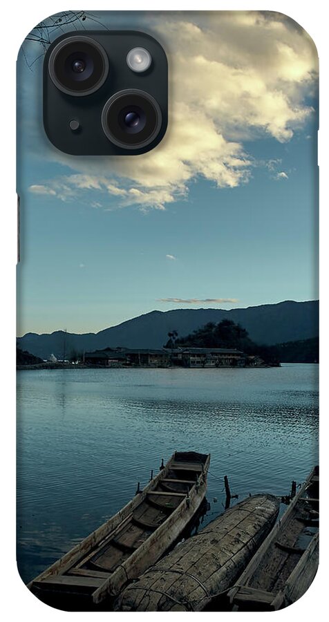 Upside Down iPhone Case featuring the digital art Wood Boats Moored On Shore, Evening, Luga Lake, Yunnan, China by Gu
