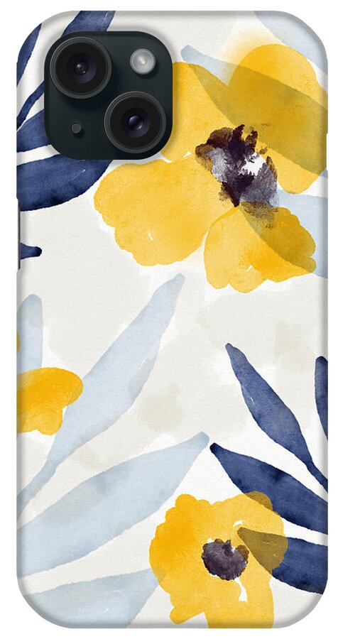 Flowers iPhone Case featuring the mixed media Yellow and Navy 1- Floral Art by Linda Woods by Linda Woods