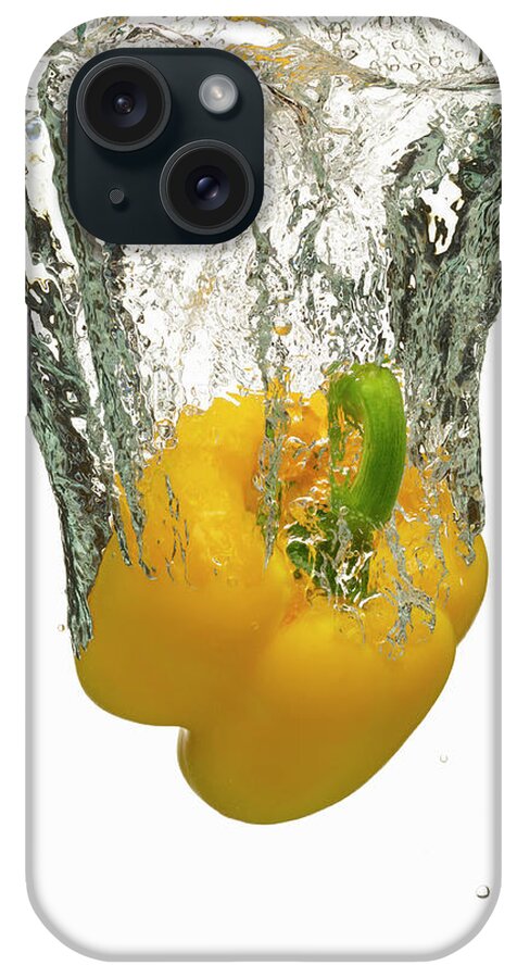 White Background iPhone Case featuring the photograph Yellow Bell Pepper Splashing In Water by Don Farrall
