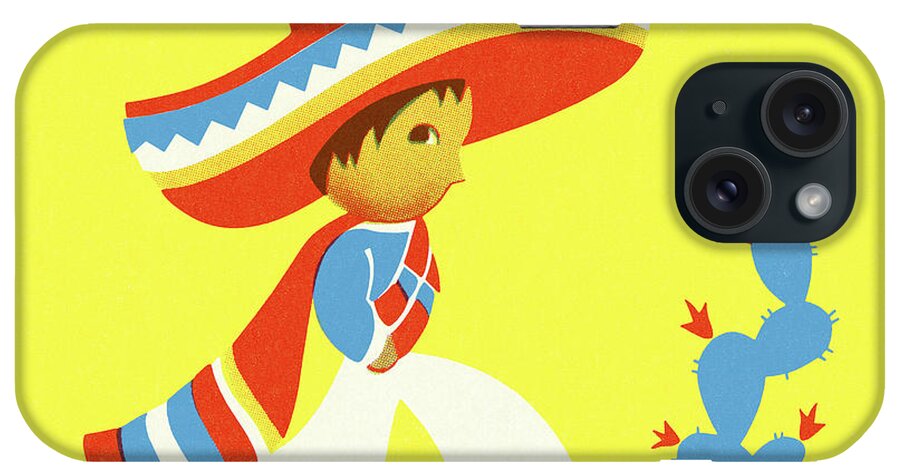 Accessories iPhone Case featuring the drawing Young Mexican and a Cactus by CSA Images