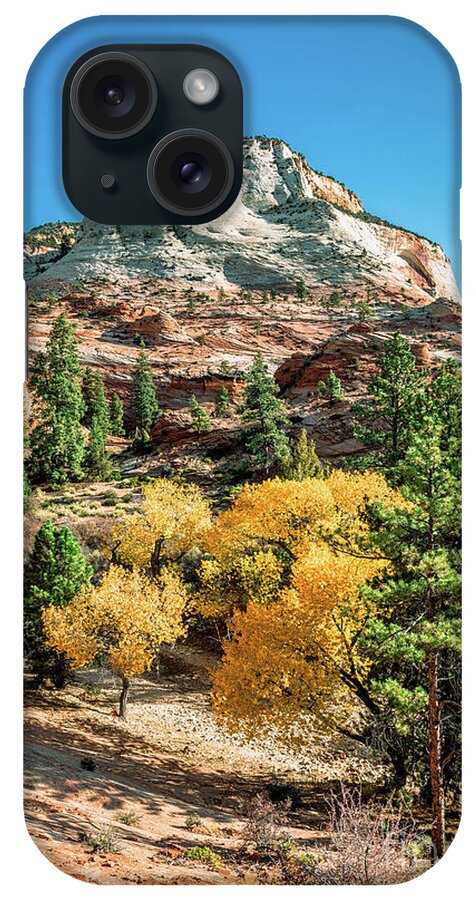 Zion National Park iPhone Case featuring the photograph Zion Autumn White Peak and Yellow Leaves by Aloha Art