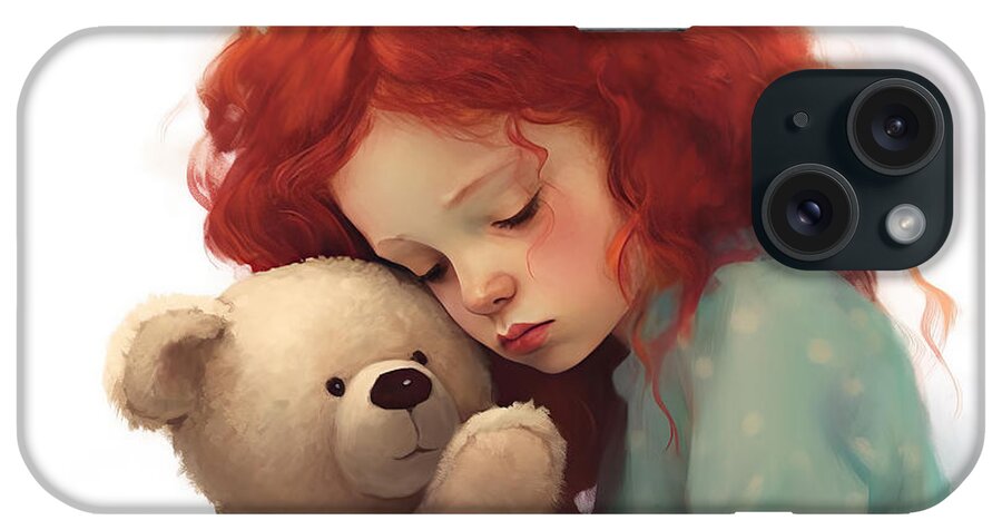Cute iPhone Case featuring the painting Baby Girl With Red Curled Hairs Kiss Her Teddy Bear #1 by N Akkash