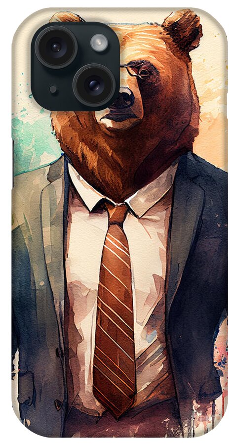 Bear iPhone Case featuring the painting Bear in Suit Watercolor Hipster Animal Retro Costume #1 by Jeff Creation