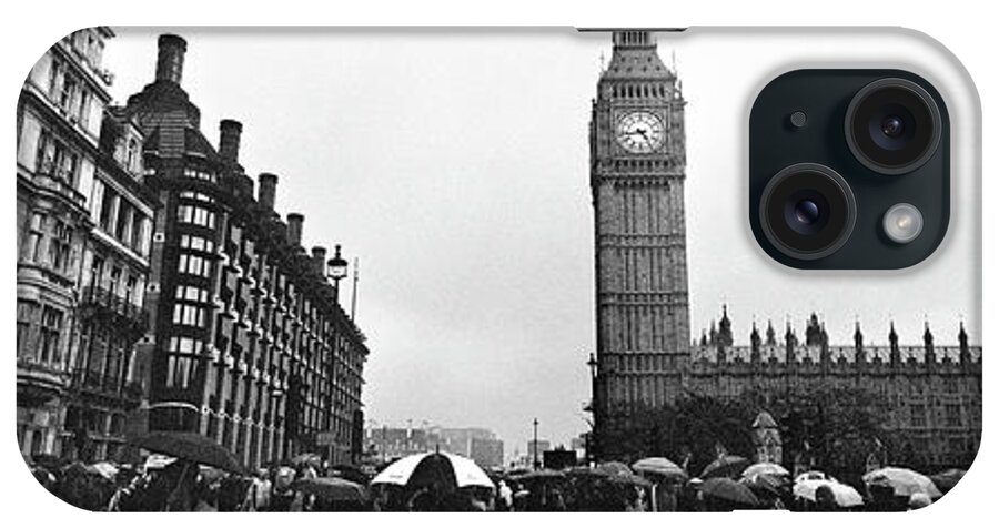 Panorama iPhone Case featuring the photograph Big ben and the Houses of Parliament black and white #1 by Sonny Ryse