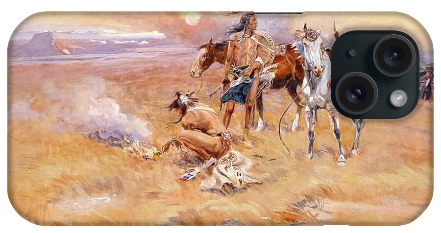 Charles Marion Russell iPhone Case featuring the painting Blackfeet Burning Crow Buffalo Range by Charles Marion Russellby Charles Marion Russell by Charles M by Mango Art