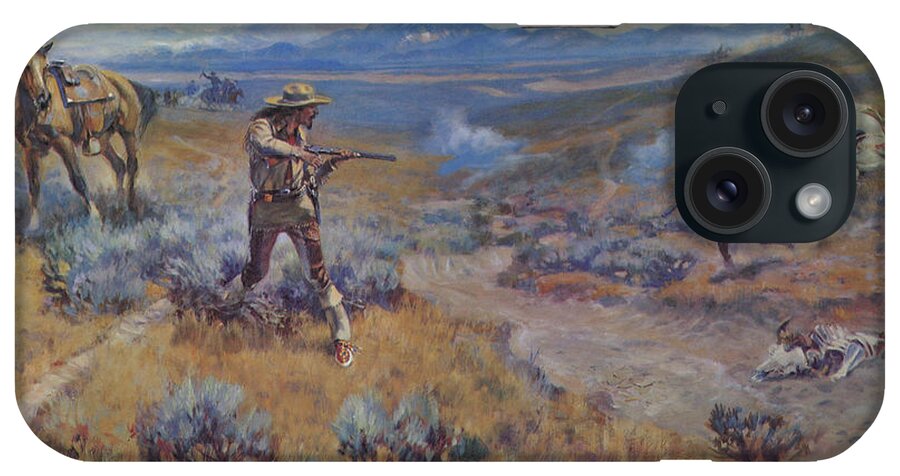 Western iPhone Case featuring the drawing Buffalo Bill's Duel with Yellowhand #2 by Charles Russell